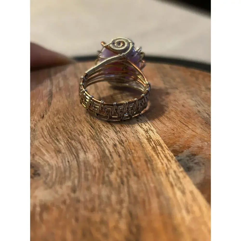 Handmade Pink Purple & Iridescent stone silver and copper wire ring
